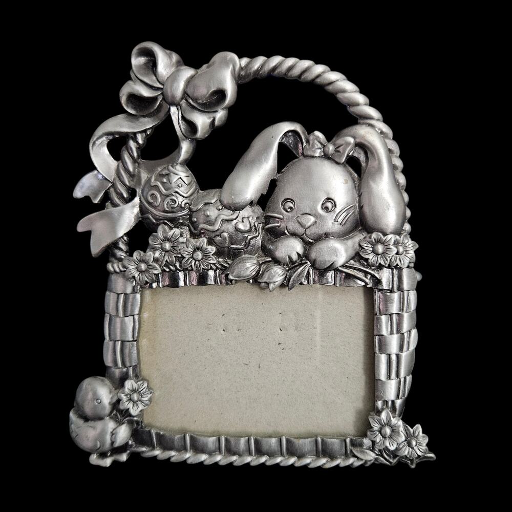 Vintage Pewter Easter Bunny Photo Frame Chick Eggs Spring 2x3